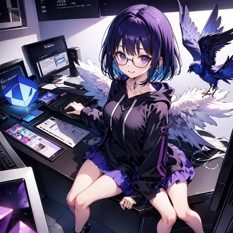 solo1.5、 High Quality、Birds-eye view from above composition 1 .7、Seiko no Hand 1 .5、Purple-black bob cut 、 sitting on the purple cube in front of the monitor 、 black hoodie and purple mini skirt 1 .6、 1 with a silver light cube floating on the right hand.7...