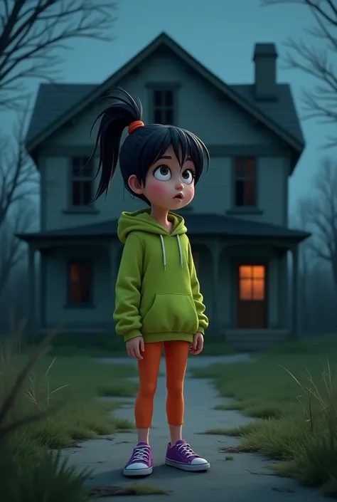 "Character Name: Ava, Character Age and Gender:  girl, Hairstyle: medium-length black hair in a messy ponytail, Face Description: curious expression with wide eyes, Origin: animated, Top Attire: vibrant, lime-green hoodie, Bottom Attire: bright orange legg...