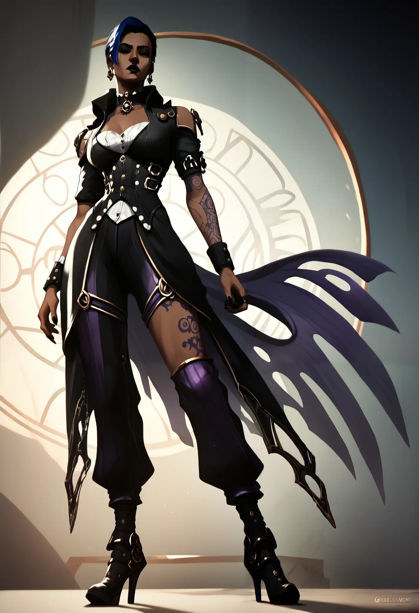 A character outfit from the series arcane gothic outfit , detailed, black clothes, dark skin, metallic, bioluminescent purple tattoos , jewelry, extravagant, huge baggy pants,  black, sexy, steampunk 