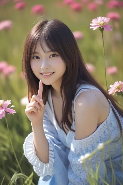  Realistic Photo Quality 、 posing leaning forward in a cosmos flower field、I have a single cosmos with my index finger and thumb、  portrait of a girl in a field of flowers , 60mm Portrait, Young Japanese Model,  wearing a loose dress with a blue chest , lo...