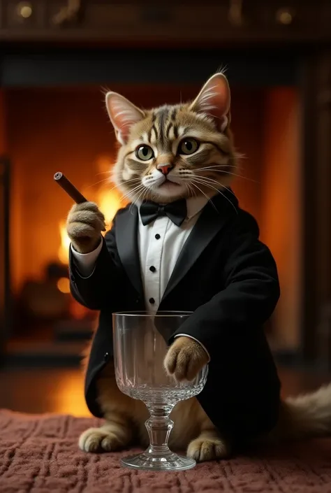 British cat smokes a cigar and sits in a tuxedo in a glass by the fireplace