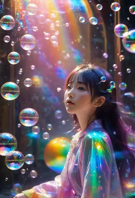 1girl，Japanese beautiful girl ，The prism of light sparkles and is fantastic 、 Slow Motion 、Images full of soap bubbles 、 A powerful, movie-like screen with 7 fluorescent colors of the rainbow、