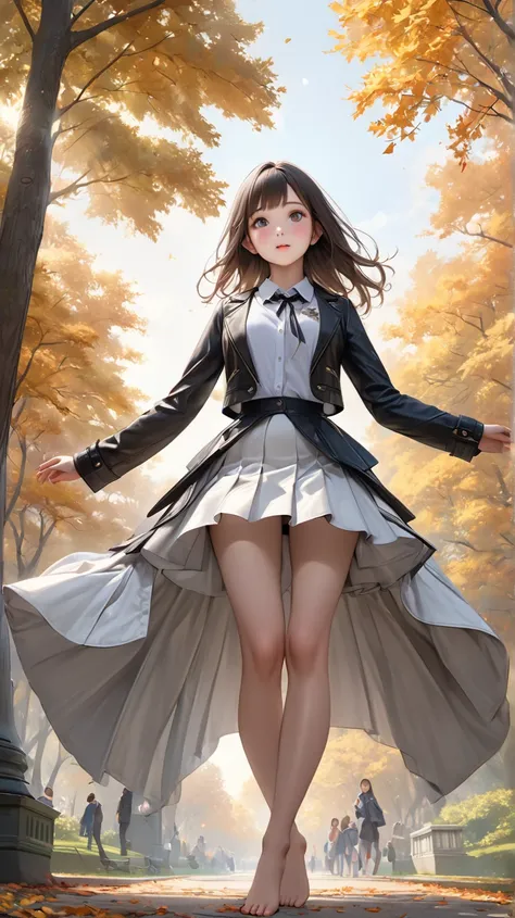  full body image,Realistic, (masterpiece,Highest questions answered :1.4),(16k, RAW Photos,Realistic:1.2), Detailed skin,  detail face ,   slender girl in early fall park , cute face, Super Resolution,  realistic detailed illustrations ,,{{{Exquisite ,comp...