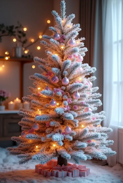 Snowy artificial Christmas pine with pink decoration and white lights