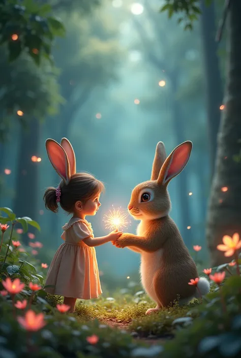 A  rabbit give the magical flower to girl 
Flower show beautiful light of magic
