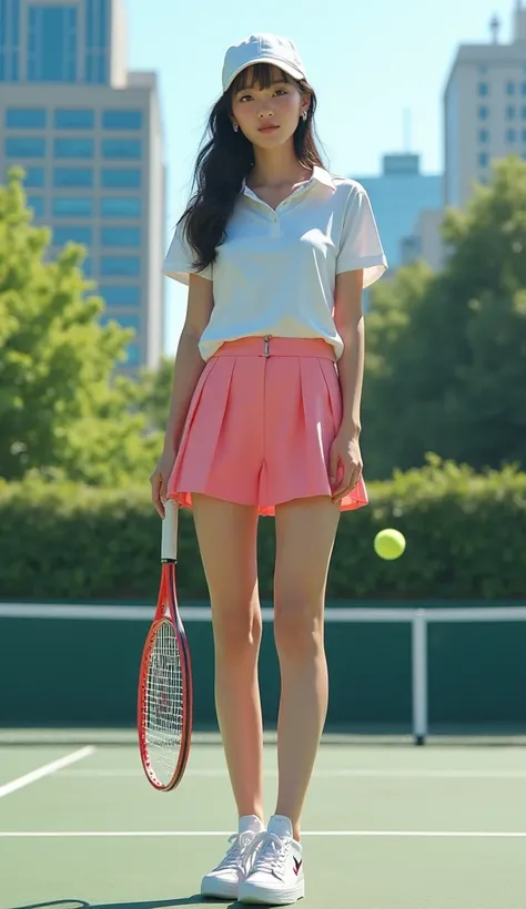 A beautiful Japanese woman stands on the tennis court 、 Fashion that enhances her personality and beauty is expressed 。 model has an urban and sophisticated atmosphere while 、Catch the eye of others by wearing tennis wear with the latest colorful designs。 ...