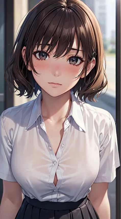 ((masutepiece, Best Quality, hight resolution,Perfect Pixel, 4K, nffsw, nffsw))), 1girl in, Single, alone, Beautie、full body seen,緩めのwavy perm, ((short hair)), ((Brown-eyed, Beautiful eyelashes, Realistic eyes)), ((Detailed face, Blushing:1.2)), ((Smooth t...