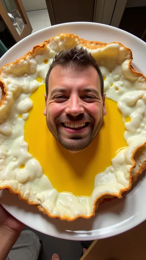 A hyper-realistic, cinematic cartoon-style scene of a giant fried egg on a giant plate. In the middle of the egg yolk, a man is joyfully bathing in the yolk, savoring the flavor with yolk dripping down his head and face. The scene is playful and humorous, ...