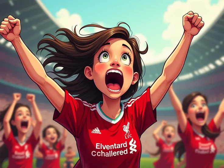 Liverpool fan girl screams with fire cartoon style drawing