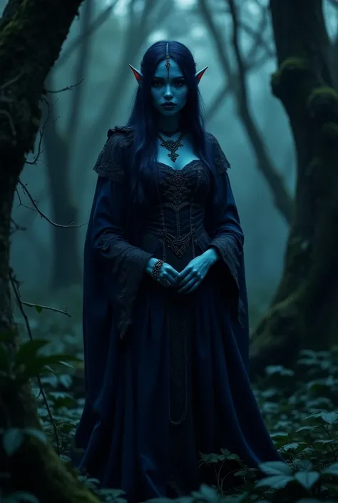 dark elf woman, dark blue skin color, elf ears, medieval dark elf outfit, dark forest background