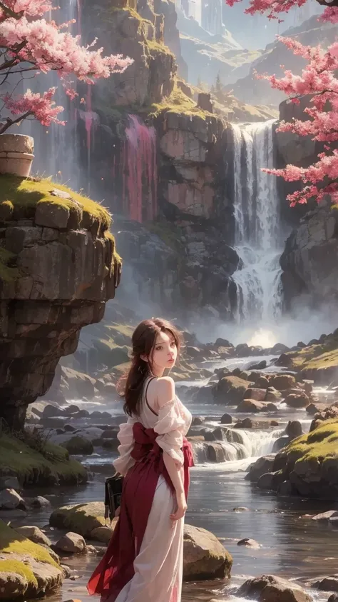 1girl, Solo, High Resolution,1girl, Solo, High Resolution, Black eyes, Closed Mouth, 8K Octane, Behind waterfall, Behind Pink Sakura trees