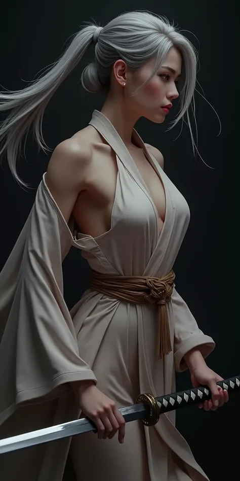 a sexy slim samurai girl, detailed face and eyes, beautiful detailed lips, long gray hair, simple kimono outfit revealing sensitive skin, holding a katana, dark shadows, dramatic lighting, highly detailed, intricate details, volumetric lighting, photoreali...