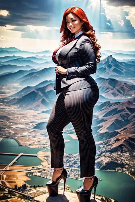 10 miles tall curvy asian woman with a beautiful smile, bigger than a giant city, curvaceous figure, natural breast, and long wavy bright red hair with blonde highlights, with a curvaceous figure and massive breasts. wearing the finest light grey pinstripe...