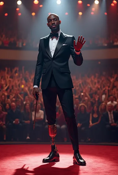 Kofi, now an accomplished magician, performs a magic trick using his prosthetic leg as part of the act, transforming it into a key element of the illusion. He is on a grand stage with flashing lights, while the crowd watches in awe. The prosthetic leg is c...