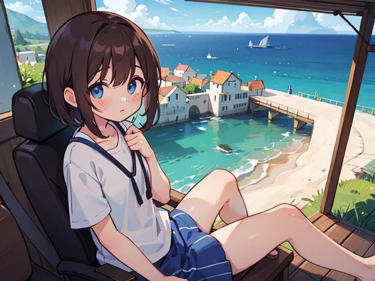  Hi-Res,A city with a view of the Aegean Sea,Daytime, anatomically correct, one girl ,While traveling, dark brown hair , blue eyes ,Shining Eyes,Outdoor