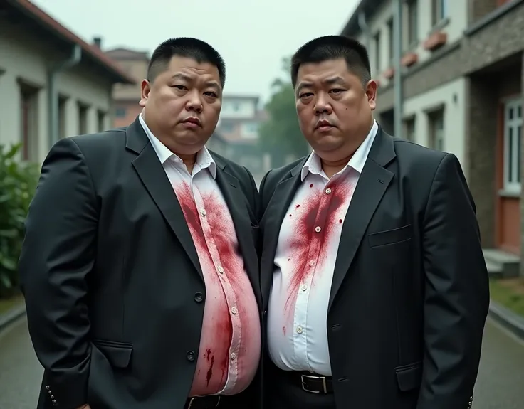  best quality ,  facial focus,  Ultra High Resolution , (Reality:1.4), RAW photo,  two obese young Chinese men wearing suits，Short hair flat head，Lips tightly closed，Dark Red Ties 、 have a serious expression ， facing the camera，Suburban，Hug each other&#39;...