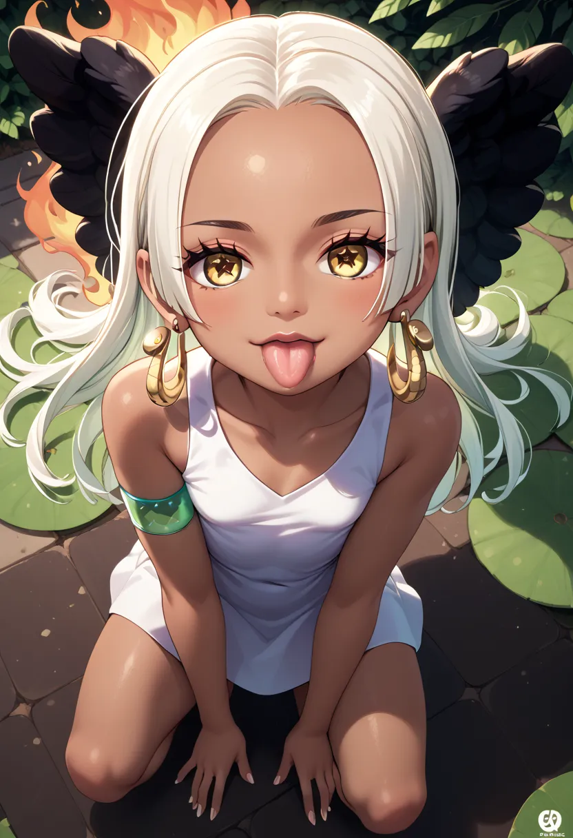 UHD, retina, textured skin, high details, high quality, best quality,  highres icon, 1080P, HD, 16k、1 Girl,Earthsnake , Long Hair, white hair, Brown Skin、,  earrings for a woman alone, Yellow Eyes, symbol-shaped pupils,  black wings  ,  small breasts.  sun...