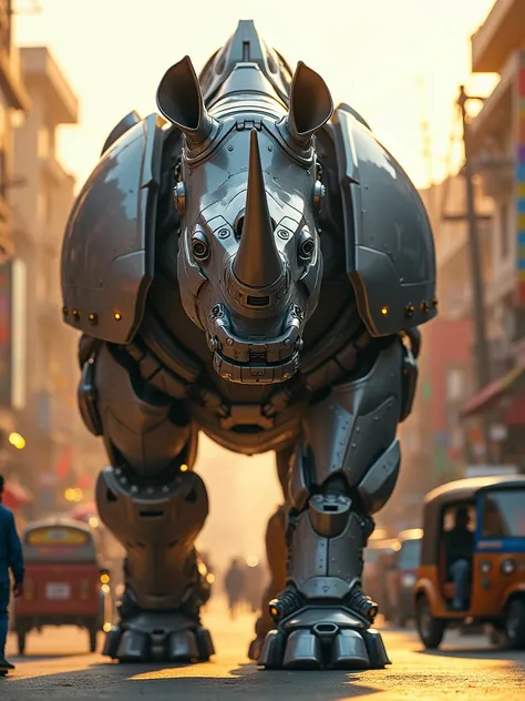 hyper realistic, ultra HD, 4k highly detailed, sci-fi movie scene,Big rhyno as ((Ironman)),Walking in the Indian city in braod daylight, sunlight, shadows.