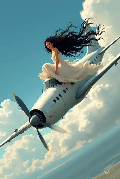 drawing of a woman , wavy and long black hair, Waving on top of a plane sideways.