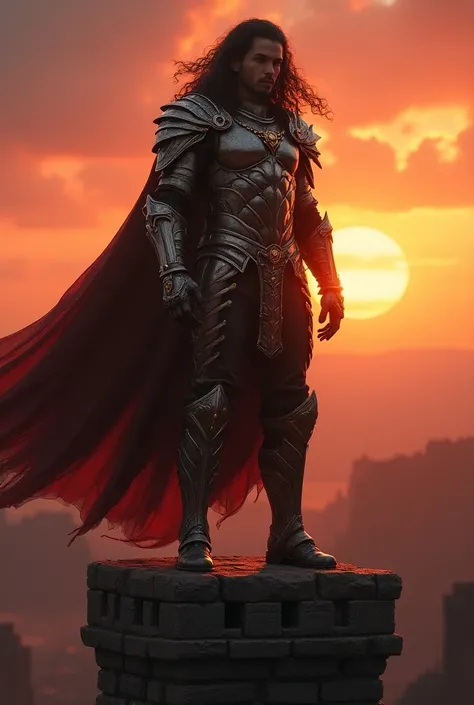 (photorealism:1.2), a very scary looking warrior, standing on top of the very high ancient fortress, wearing a big shiny armor, long curly hair, outdoors, soft lighting, neon skies in background, horizon with sunlight, hellish surrounding, charismatic pose...