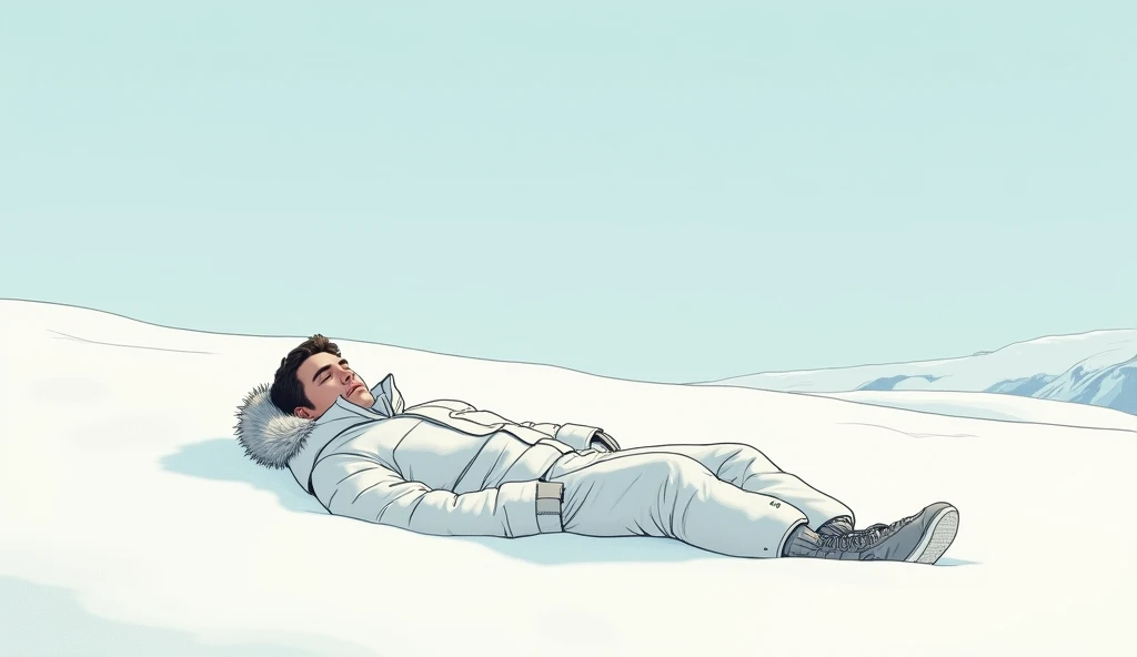  Man lying in a winter white parka on a snowy field,quiet atmosphere,  Scenery in harmony with nature , Lo-fi, Retro,  animation style illustration of a man lying on a snowy field, Clear line drawing,8k, ultra high definition,Taken from the front of the sk...