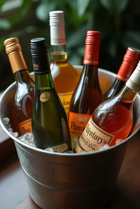 Bottles of drinks in a wine bucket 