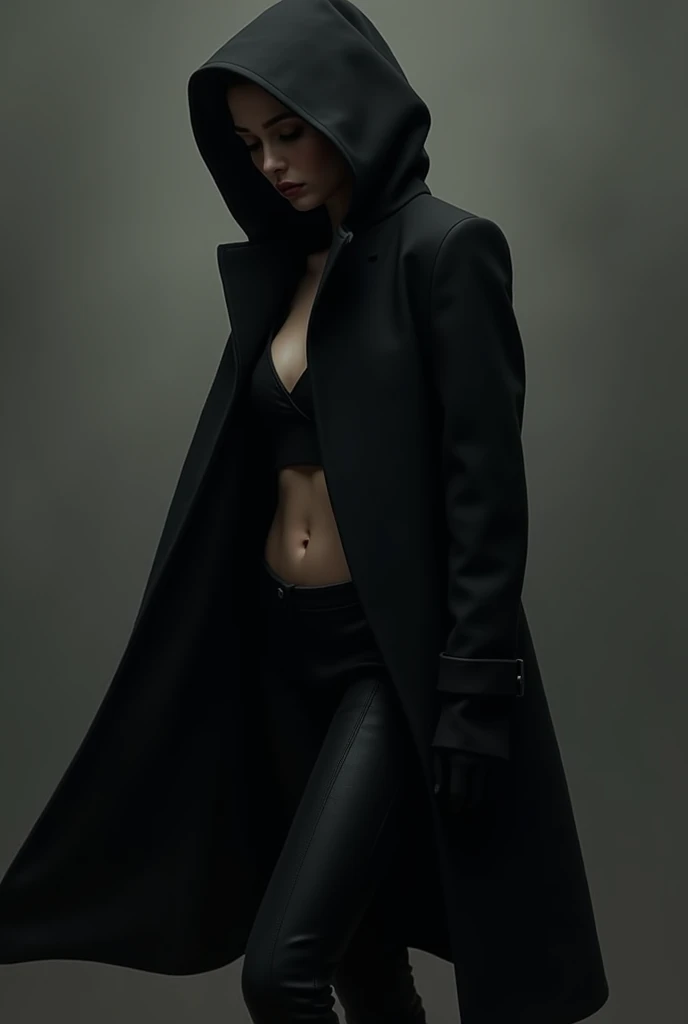 Girl in black coat with big breast, breast hinding in coat, with short black pant 