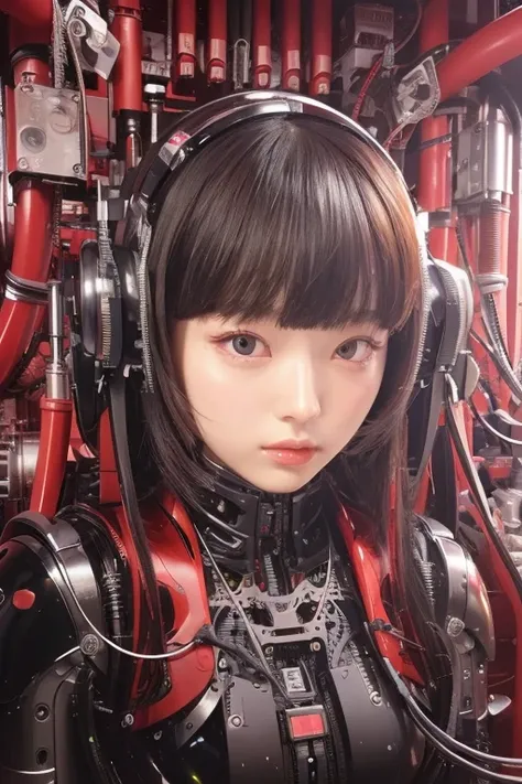 masterpiece, best quality, extremely detailed,portrait,upper body,front view,Japaese android girl,Plump, control panels,android,Droid,Mechanical Hand, Robot arms and legs,Blunt bangs,long tube,thick cable connected her neck,