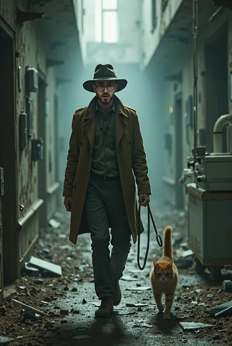 Man wearing a hat exploring a ruined hospital with his cat on a leash 