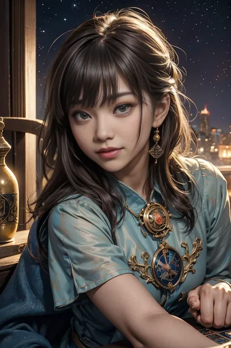  1 Japanese Girl ,(超Realisticな秘教的な+ gypsy magician hands out tarot cards:1.4), ( RAW photo, Best Quality), (Realistic, Realistic:1.4),  table top,  very delicate and beautiful,  several people having fun with each other while having very detailed , 8k wall...