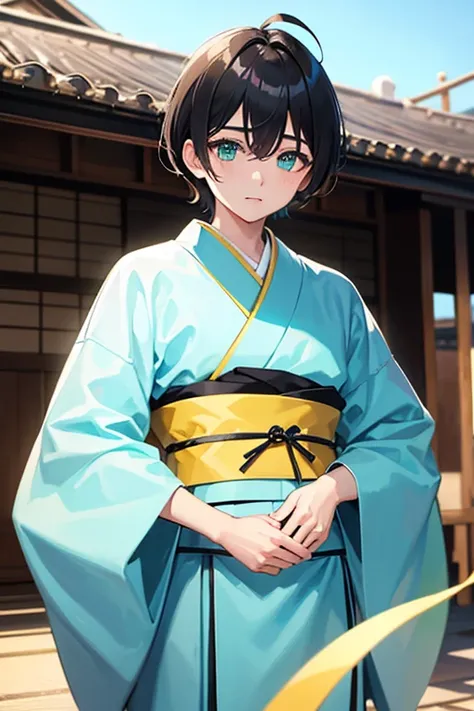 male　 One Beautiful Boy 　only one beautiful boy 　Shows up to the waist　Baby Face　 black short hair　maleの子の髪型　Ahoge　Turquoise eyes　 Owner of the Inn 　yellow and white kimono　Japanese style inn