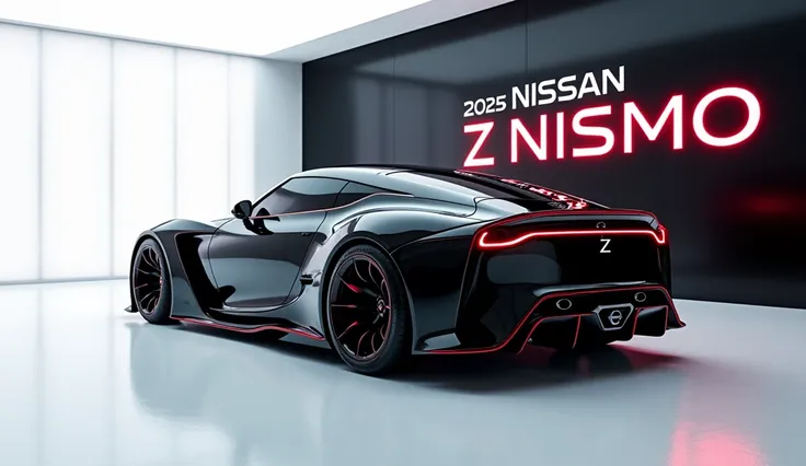 A captivating image of a 2025 Nissan Z Nismo taking center stage in a luxurious white showroom. The futuristic, vibrant (black) exterior gleams, showcasing its sleek, aerodynamic design and bold accents. The words 2025 Nissan Z Nismo are prominently displa...