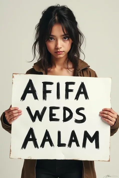 A ugly girl having a bord in his hand and written afifa wedds aalam