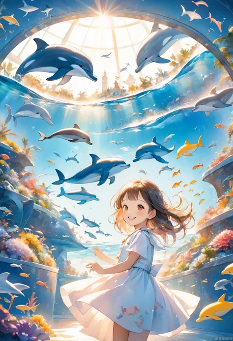 Aquarium and dolphin background 、 smiling woman is fluttering with dolphins