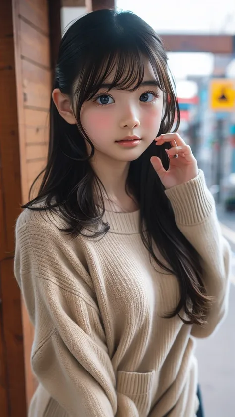 one  girl,  covers his mouth with his hands、 Beautiful breasts、  Brown Eyes , (( gal hairstyle))、 girl, (Eyes and facial details:1.0)