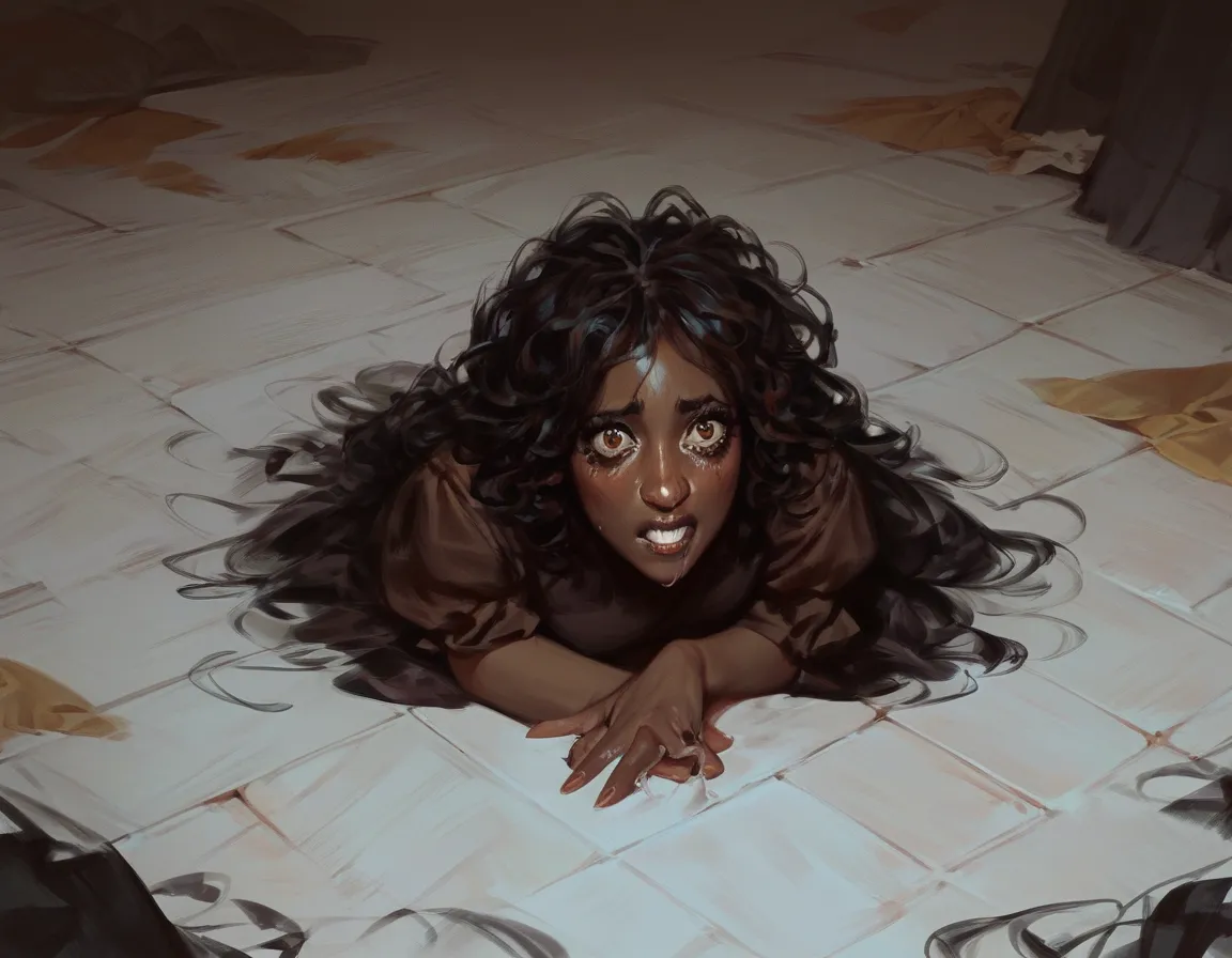 dark skinned woman. wearing a long brown dress. long messy hair. expression of scared. on the floor