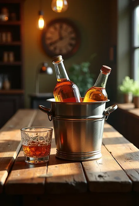 Bottles of drinks in a wine bucket on a table