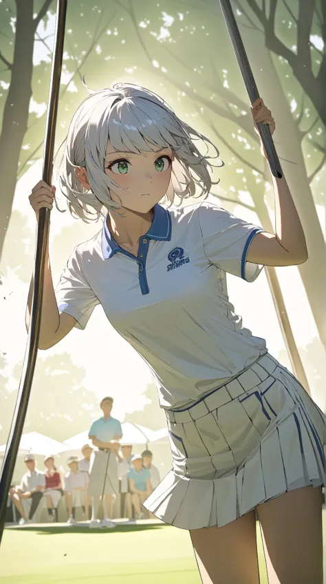 1 girl, ( cute face),  Calm Expression ,  medium hair,  braided , Golf shirts,  sporty skirt ,  Skin Like Pottery ,  small breasts, break,  golf tournament scene ,  Soft Light , ( Tense Light :1.4),  Atmosphere of Competition ,  figure concentrating on swi...