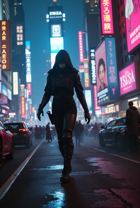 Neon city at night,An assassin who gets lost in the crowd