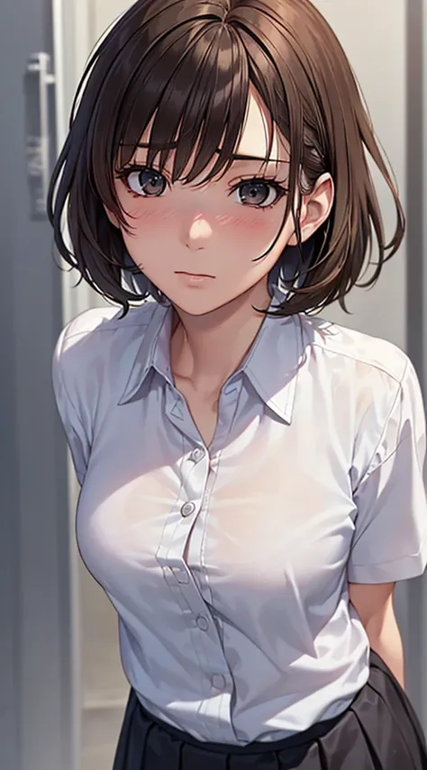 ((masutepiece, Best Quality, hight resolution,Perfect Pixel, 4K, nffsw, nffsw))), 1girl in, Single, alone, Beautie、full body seen,Loose vertical fall perm , ((short hair)), ((Brown-eyed, Beautiful eyelashes, Realistic eyes)), ((Detailed face, Blushing:1.2)...