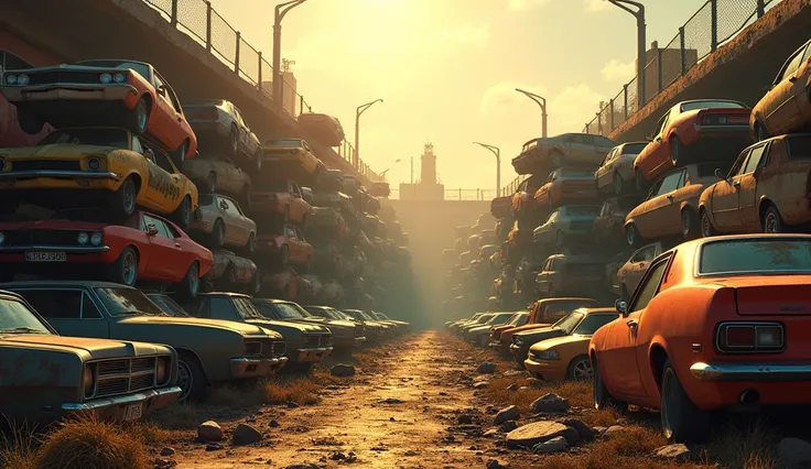 a car graveyard with sunny weather, the cars are stacked on each other, there are fence in instead of the walls, there some stuffs such as barrels, crates and other in the scene, sun shafts