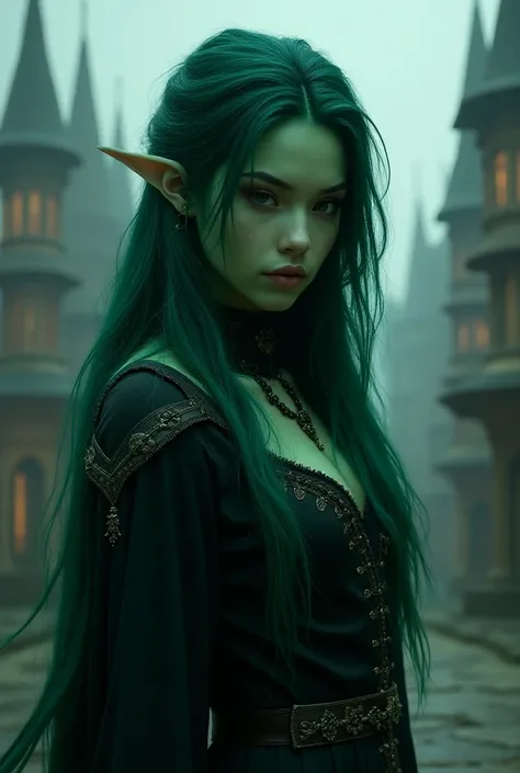 dark elf woman, dark blue skin color, green hair, elf ears, medieval dark elf outfit, dark elf city background