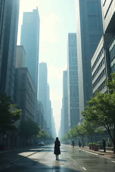 A futuristic cityscape of Tokyo with towering skyscrapers, but with fewer people on the streets. Show subtle signs of decline, such as empty public spaces and a calm, quiet atmosphere in an otherwise bustling city