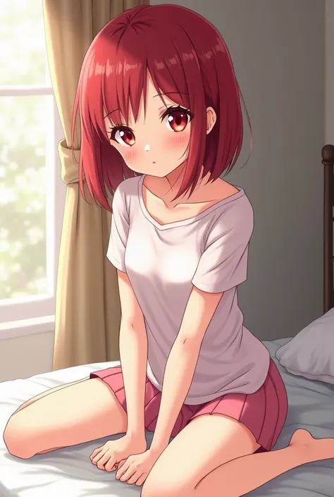 a 14-year-old girl with medium length (((short, and a bit dark red hair)) medium bob cut), red eyes, flat facial, clean detailed anime art, soft anime illustration, clear red eyes, cute natural anime face, flat chest, sit on a bed with cute pose, perfect b...