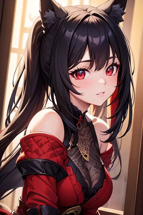 beautiful woman with red eyes, 2 ponytails, long black hair, fox ears, wearing a beautiful red dress, black leggings, genshin im...