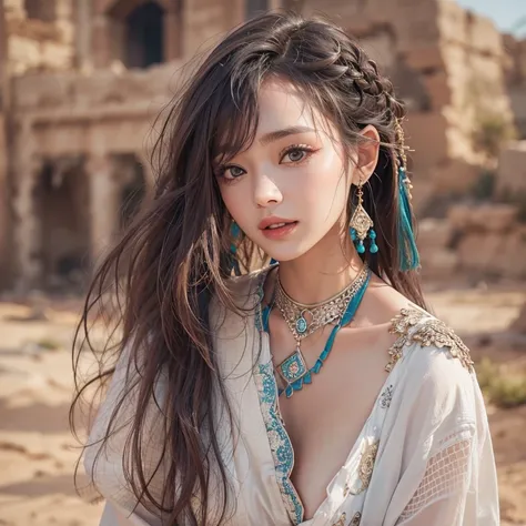 Hiding in the desert、Hair flow、 ((Best Quality、masterpiece、8k、Best Quality、 ultra high resolution、Award-winning works)、( accurate anatomy:1.1)、( Look at me and smile :1.1)、Shining fair skin with  ultra high resolution、The most beautiful face、 ultra high re...