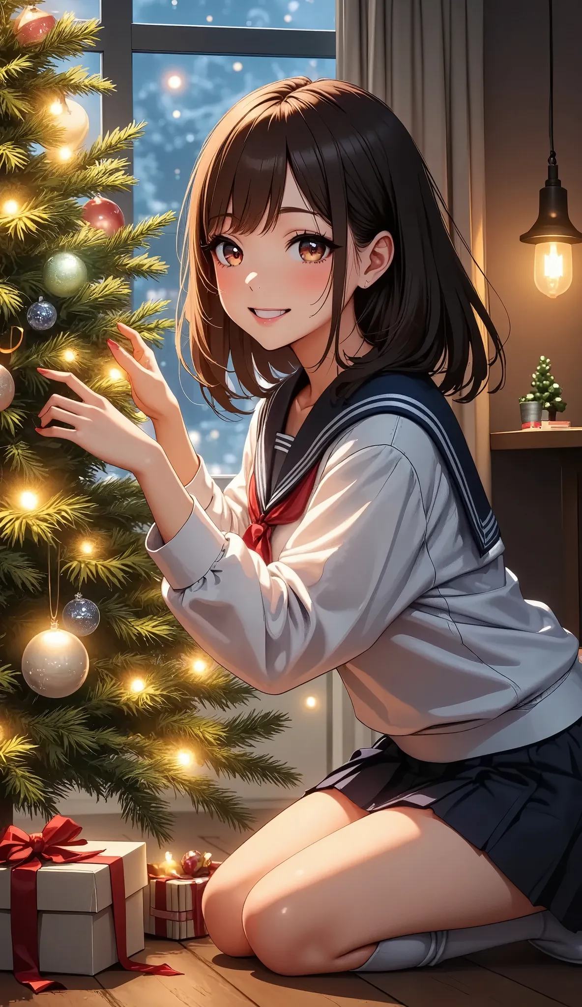 A female high school student decorating a Christmas tree, Christmas preparation, (best quality,4k,8k,highres,masterpiece:1.2),ultra-detailed,(realistic,photorealistic,photo-realistic:1.37),1girl,beautiful detailed eyes,beautiful detailed lips,extremely detailed eyes and face,longeyelashes,christmas tree,christmas decorations,gift boxes,fairy lights,cozy room interior,warm lighting,festive atmosphere,winter scene,soft colors,holiday spirit