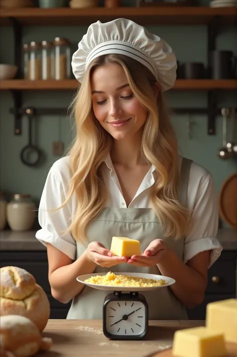 A female  baker with a blonish hair and beautiful face measures a butter while it says less that one pound one the measuring device