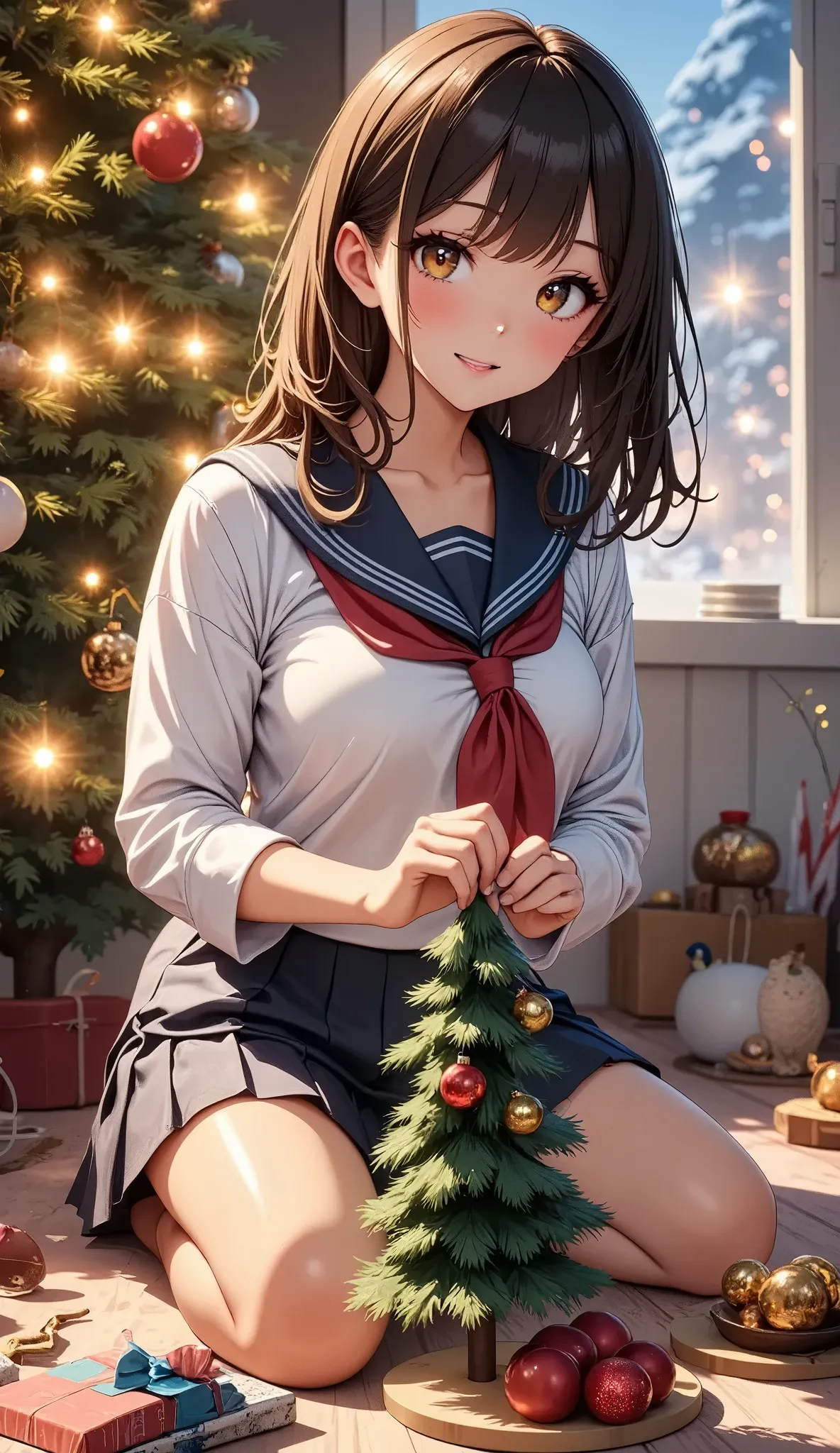  Christmas Trees That Aren't Too Realを飾る女子高生、 long-sleeved sailor suit that will pinch your nipples、Getting ready for Christmas 、(Best Quality、4K、8k、 Hi-Res、masterpiece:1.2)、Super detailed、( photorealistic:1.37)、 soft focus 、 1 girl、 beautifully detailed eyes、 Beautifully Detailed Lips 、 highly detailed eyes and faces、 long eyelashes 、 Christmas Trees That Aren't Too Real、 Christmas decorations 、Gift Box、Fairy Lights、Cozy Room Decor 、Warm lighting、Festive atmosphere、Winter landscape、Soft colors、Holiday spirit