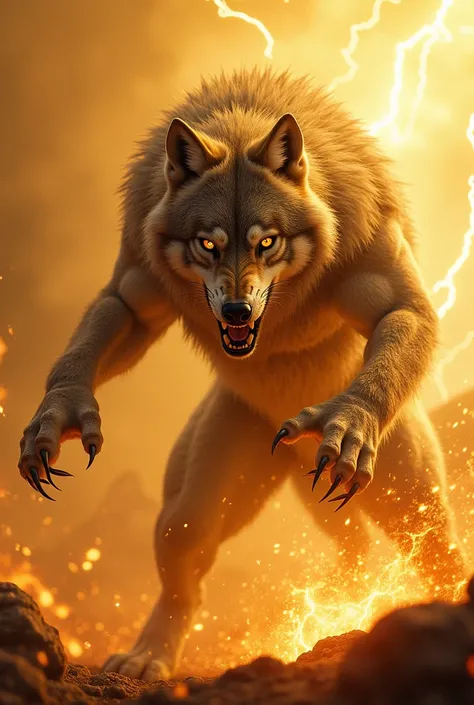 One long banner on top  on golden big with full anger and danger face wolf attack with his nails with electrical effect and fire effect 